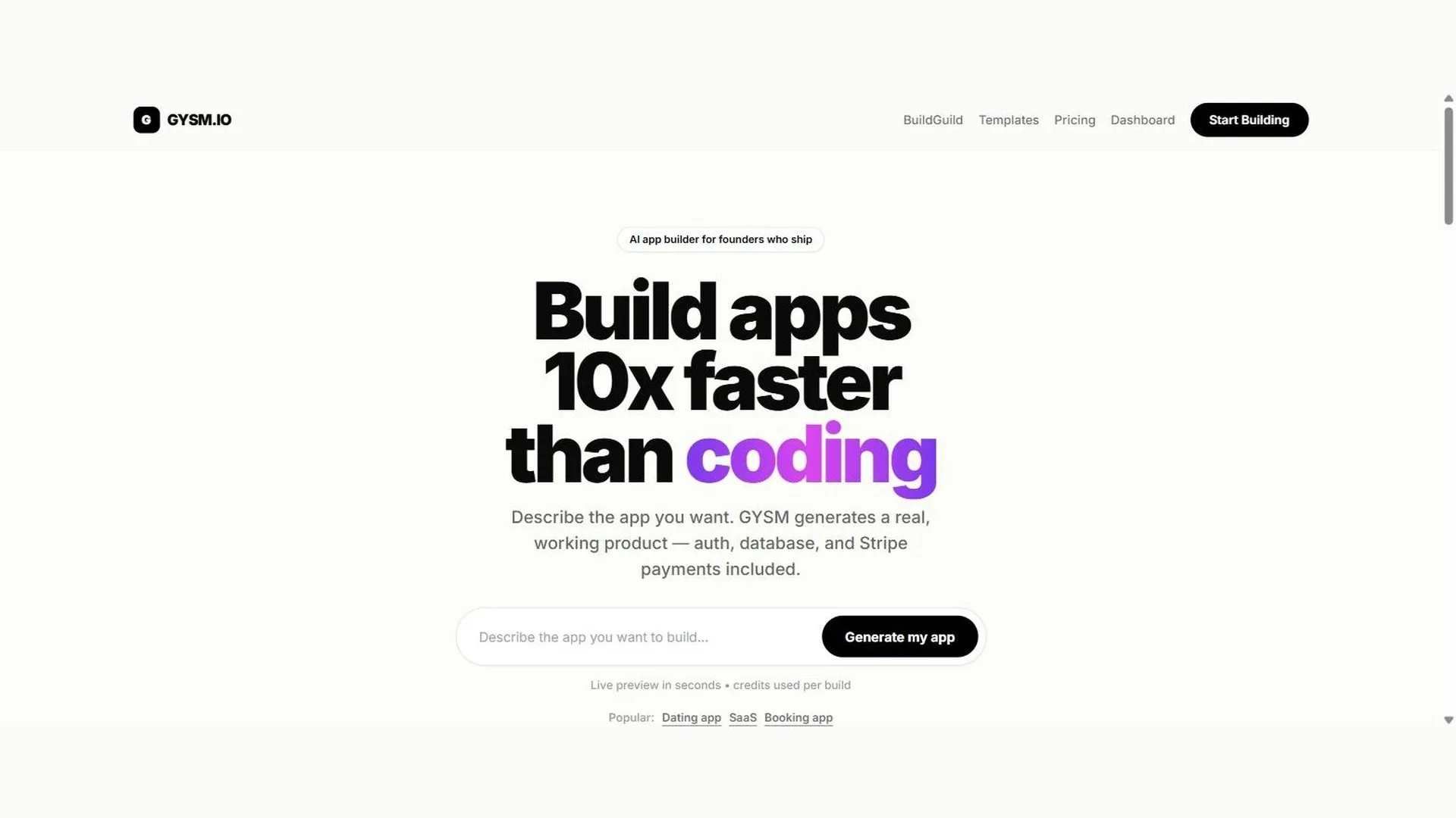 GYSM homepage — describe an app, get a real product